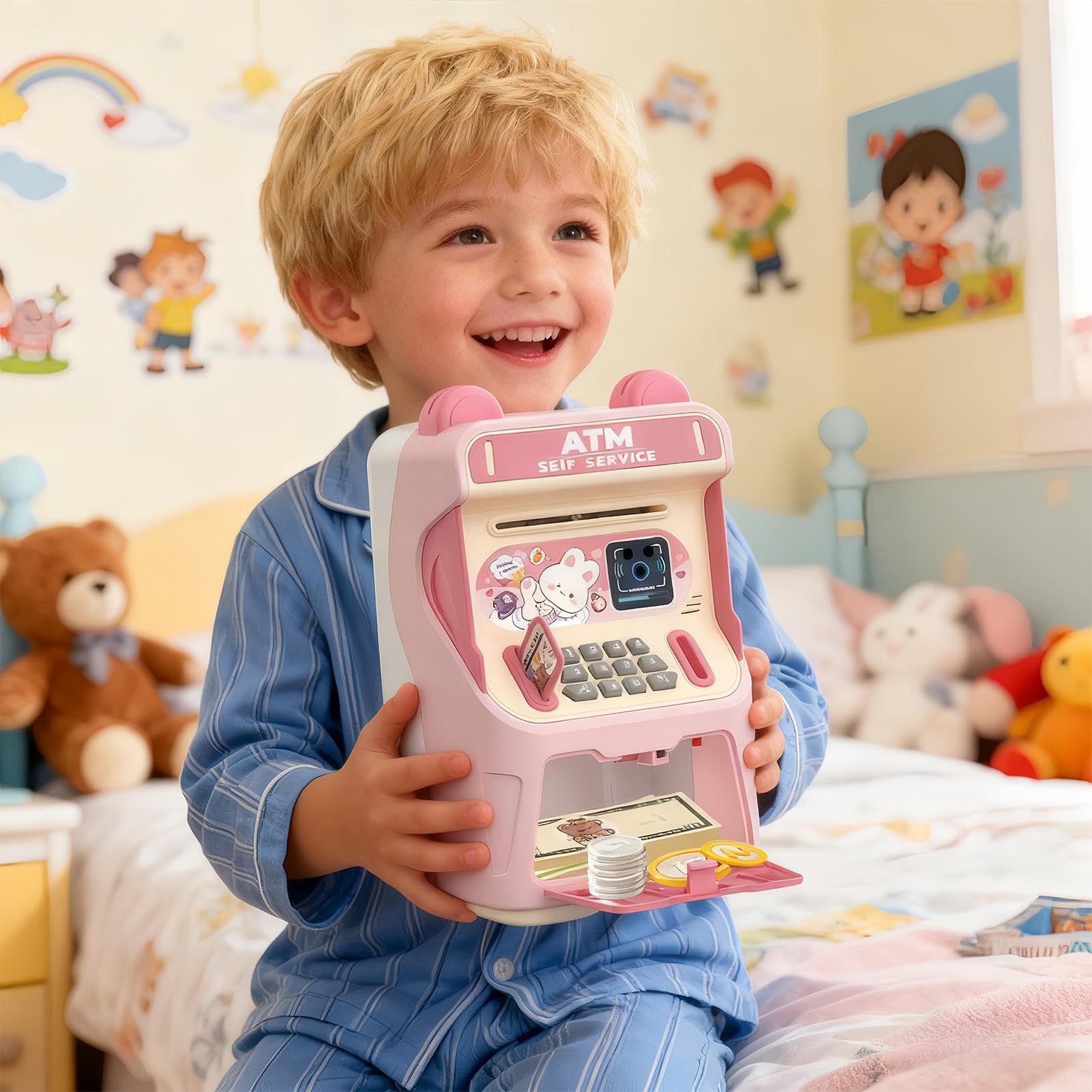Salvadanaio Bancomat - ABS 25,5 x 13,5 x 13,0 cm | Elettronica con musica e riconoscimento facciale | Banca ATM con avvolgimento automatico per banconote e monete tipo bambini 3+ anni casa
