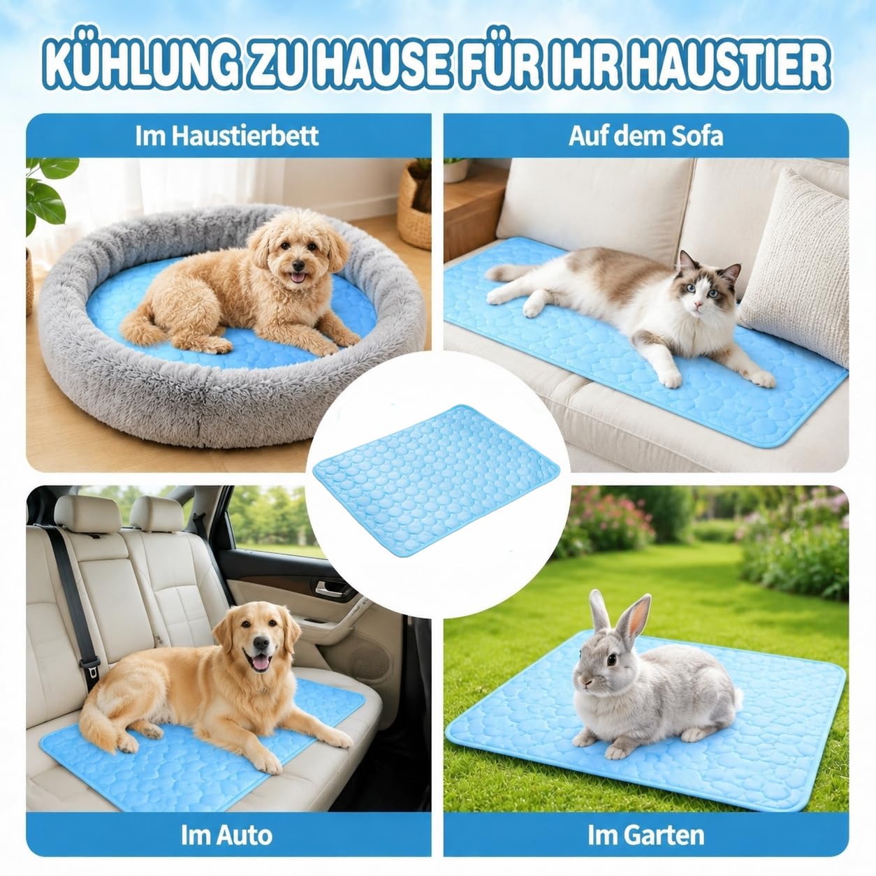 Haustiermatte für Hunde und Katzen, selbstkühlende Kühlmatte aus atmungsaktiver Eisseide, weiche langlebige tragbare waschbare Kühlbett Kühldecke für Sommer drinnen & draußen