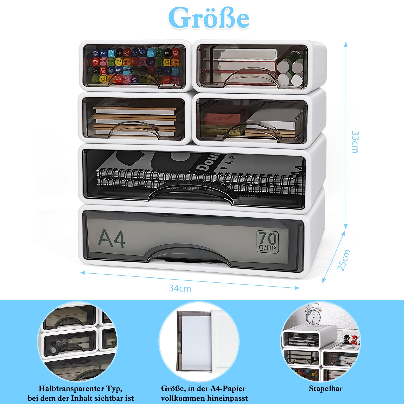 6er Set Schreibtisch Schubladenbox A4 A5 Gross, Büro Organizer mit Schubladen Stapelbar, Aufbewahrungsbox mit Schublade für Stifte, Radiergummi und Schreibwaren