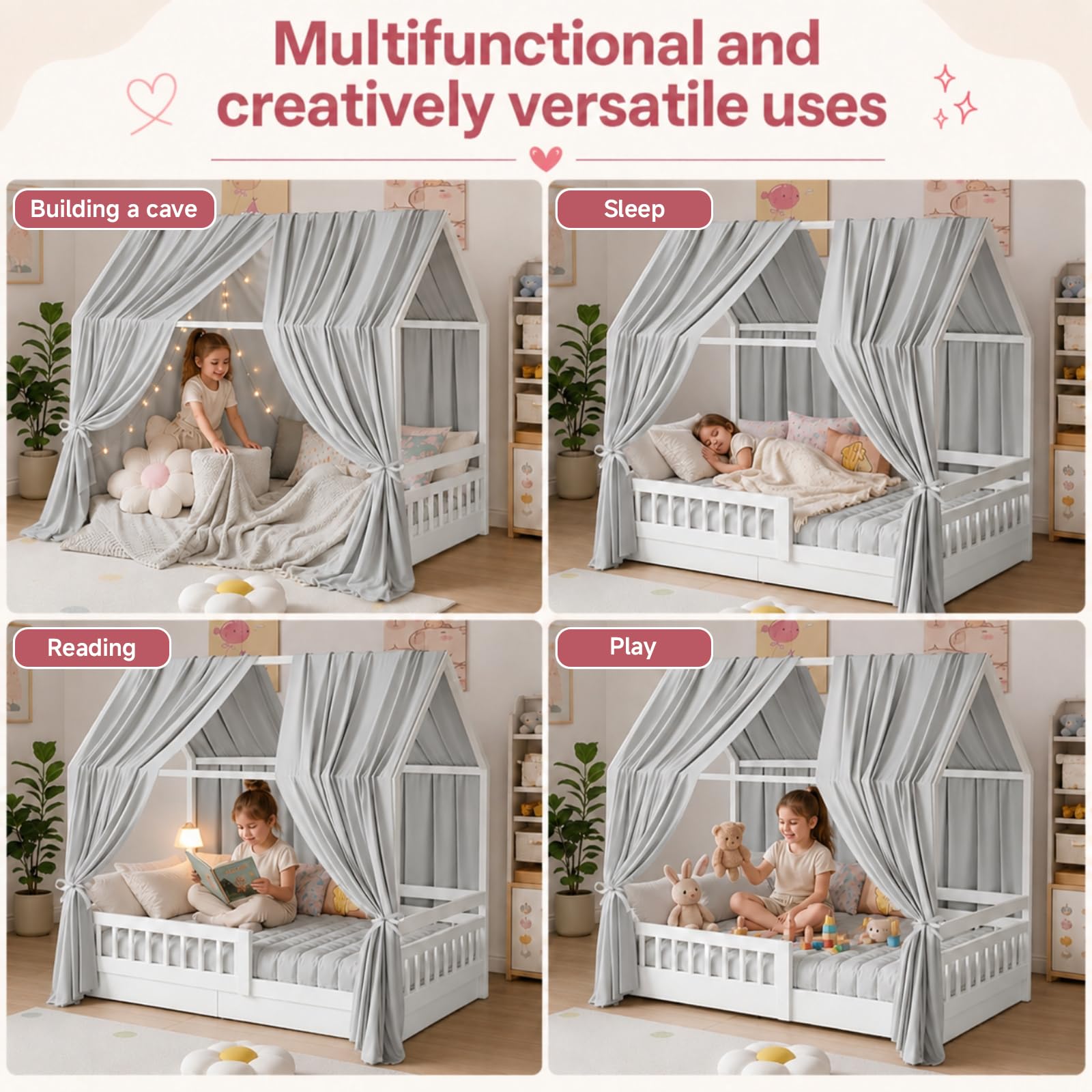 Set di 2 Tenda Letto Bambini, Tenda Letto Montessori Bambini, Baldacchino per Bambine e Ragazzi, Baldacchini in Tessuto, 67 x 270 cm, Grigio Chiaro