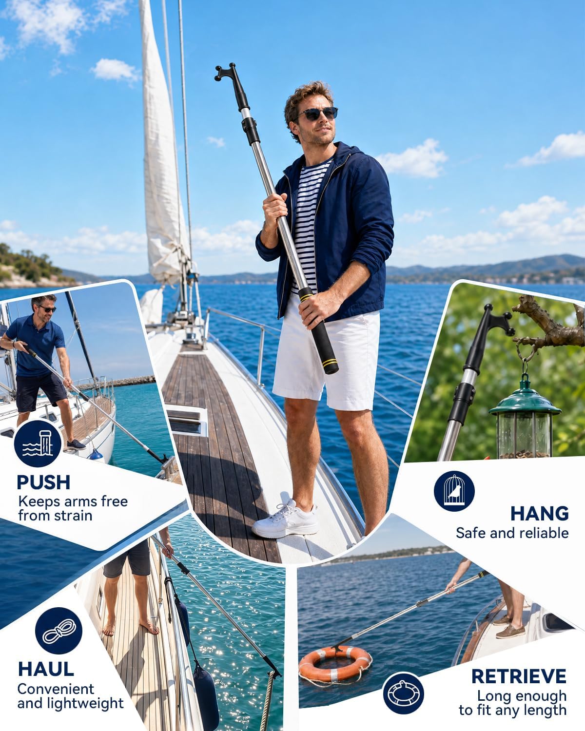 Boat Hook Pole for Docking, Telescoping Boat Hook Pole 2.46FT to 4.8FT Stainless Steel with Non-Slip Grip High Load Capacity Boat Hooks for Docking Mooring Retrieving Marine Use