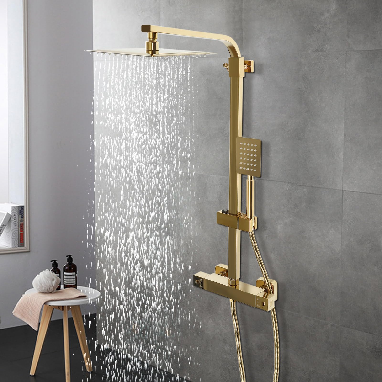 Sistema de ducha termostático 304 de acero inoxidable para baño con ducha de mano, ducha de lluvia dorada, montaje en pared, grifo de ducha de 23,5 x 7,8 cm, acero inoxidable 304, para