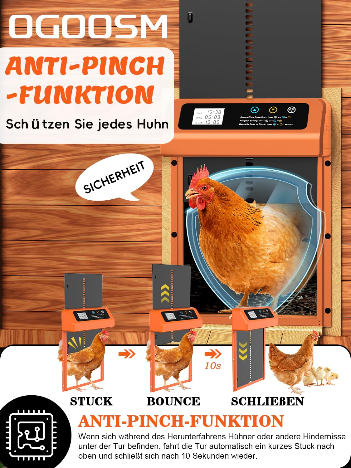 Automatic Chicken Coop Door With Timer & Anti-Pinch – Battery-Powered, LED Screen, Weatherproof Flap