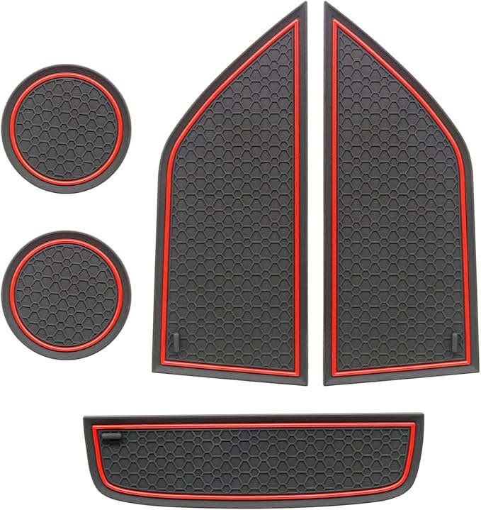 Ford Mustang Accessories Custom Fit Cup Holder Liner Dustproof Mat Door Pocket Rubber Insert Pad Mat Kit for 2015-2021 2022 2023 Red