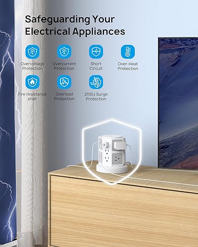 Miniatura 6 de TROND Regleta protectora contra sobretensiones en torre con 14 tomas ampliamente espaciadas, 4 puertos USB (2 USB C), protección contra