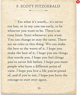 F. Scott Fitzgerald Quotes Wall Art - For What It's Worth - Library Decor - 11x14 Unframed Poster - Wall Decor Art - Book Pages - Gatsby Vintage Posters - Classic Book Quotes Inspirational Home Decor
