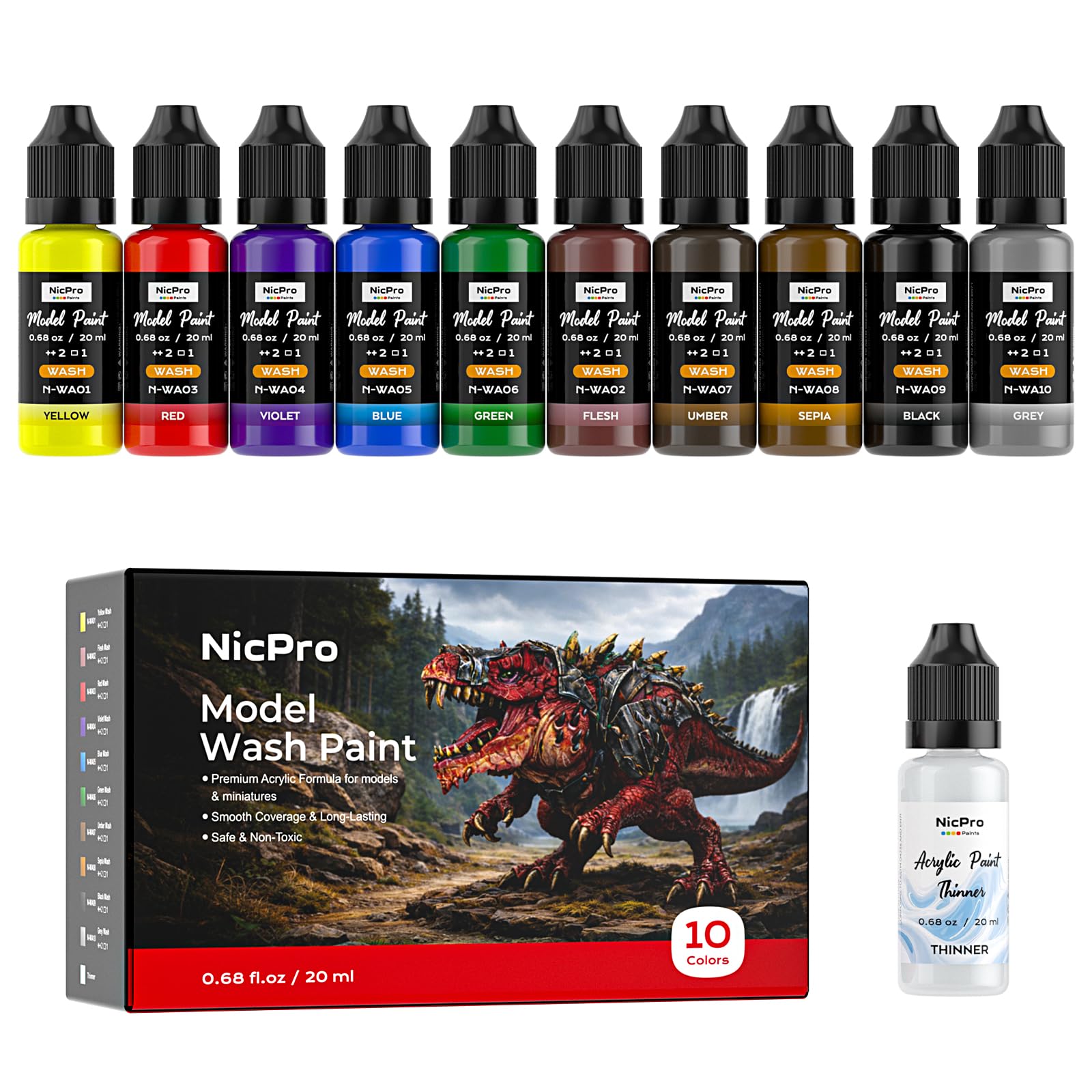 Nicpro 10 Colors Acrylic Model Wash Paint Set, 20ml Ready to Use Washes