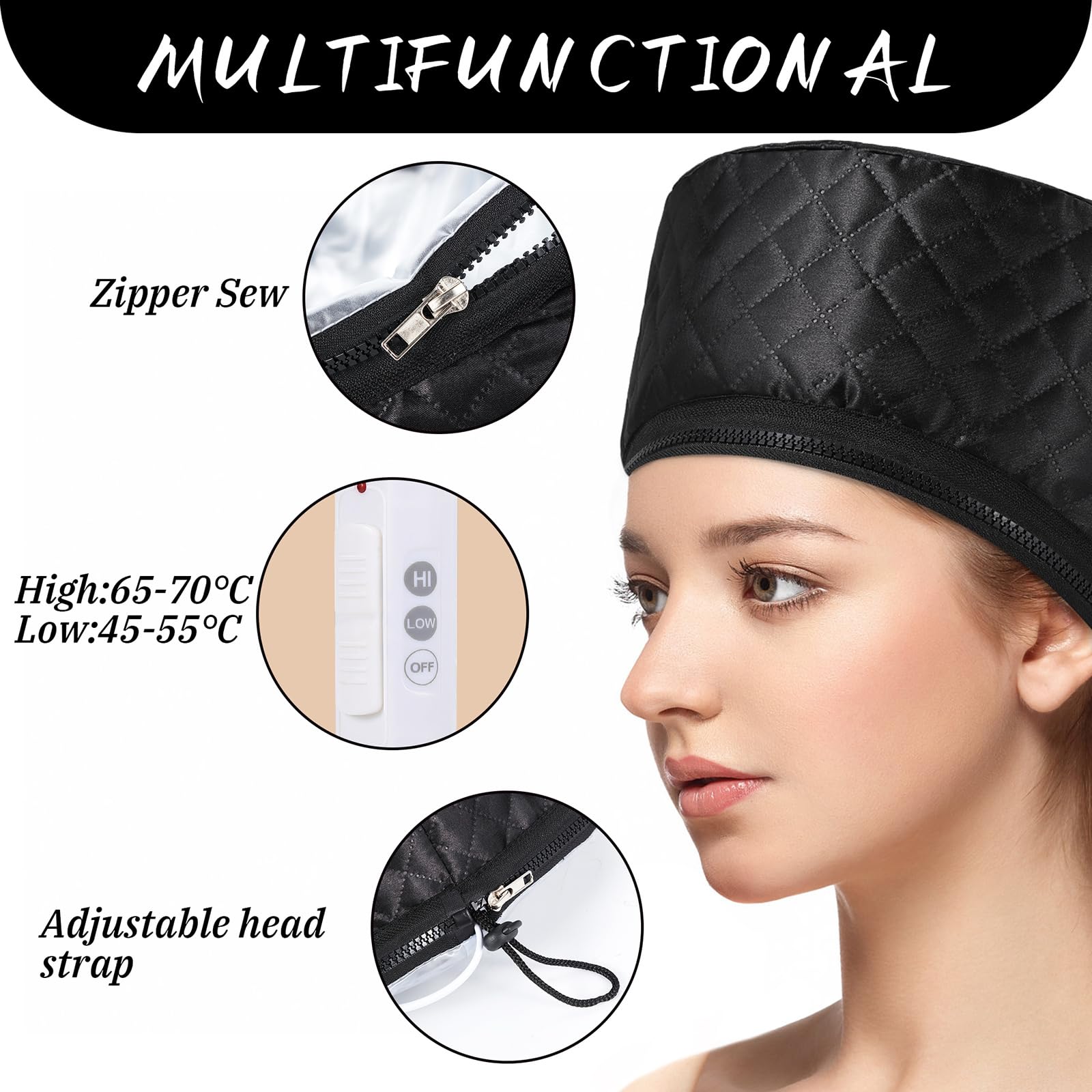 Cappello termico per trattamenti di profondità, cuffia a vapore per maschere per capelli, cuffia riscaldante con 2 modalità di temperatura per spa, salone, casa - Nero