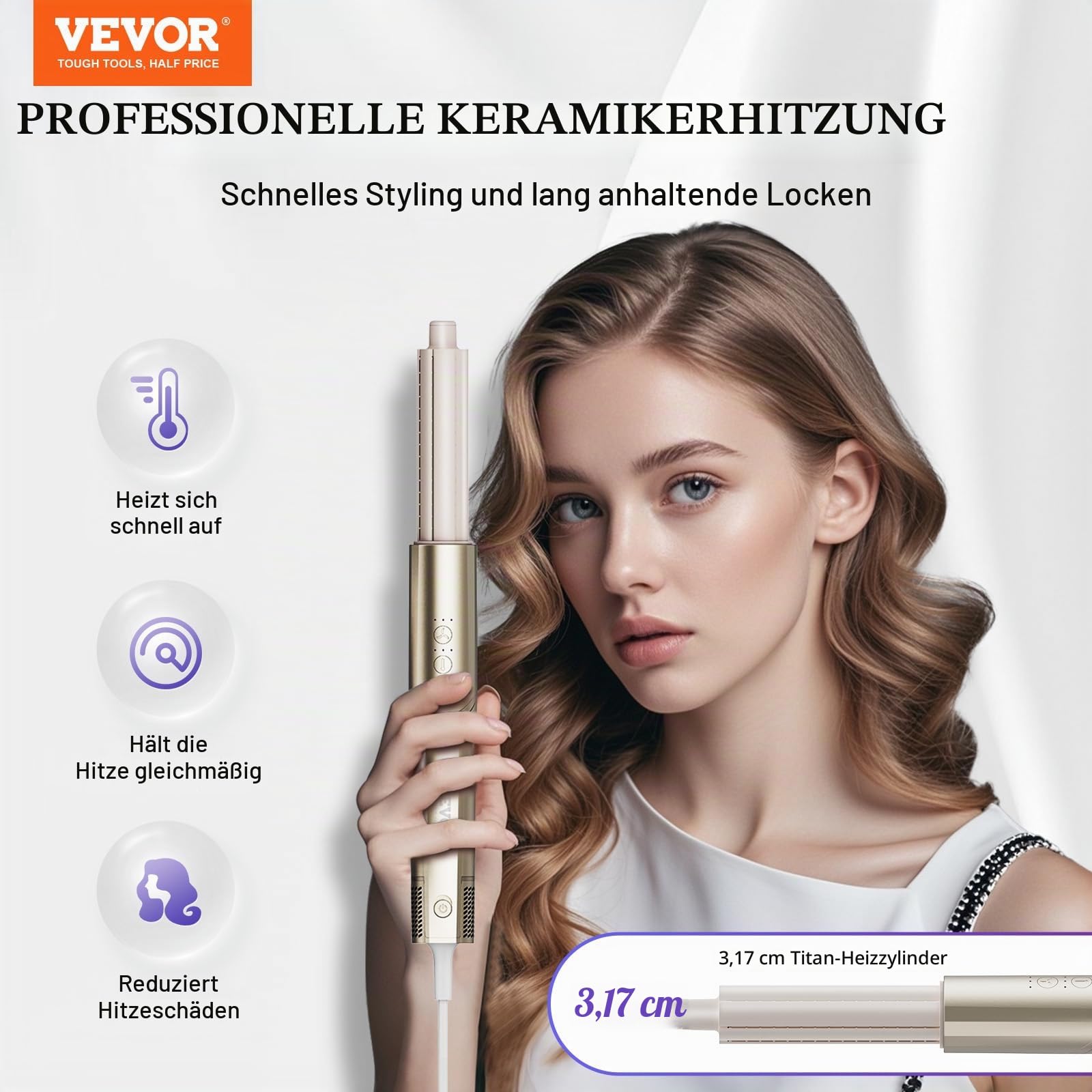 VEVOR 8-in-1-Lockenstab, 1,25-Zoll-Lockenstab-Set aus Keramik mit 2 Zylindern, 2 Bürsten, 4 Düsen für trockenes/glattes/lockiges/voluminöses Haar, Lockenstab für langes, mittellanges und kurzes Haar