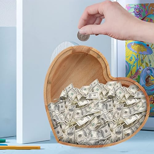 Miniatura 5 de STOBOK Alcancía de madera, caja de dinero irrompible con forma de corazón, caja de ahorro de dinero para niños y niñas, cumpleaños, decoración del