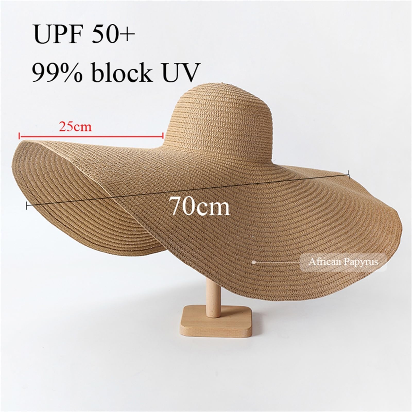 Sombrero de Playa de ala Ancha Extragrande for Mujer, de 70 cm, con protección UV, Plegable, de Paja