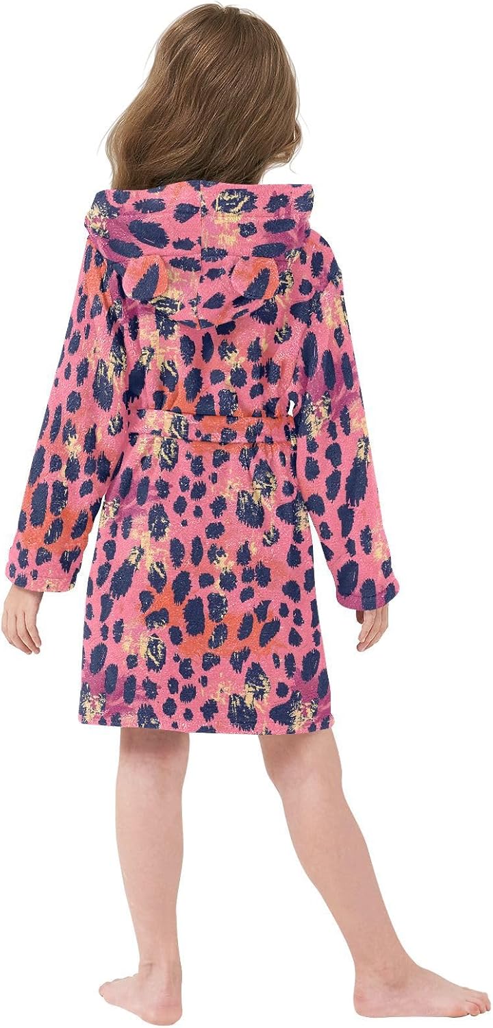senya Orange Leopard Print Toddler Hooded Bathrobe Kids Soft Plush Bath Towel Robes for Boys Girls 2-12 Years