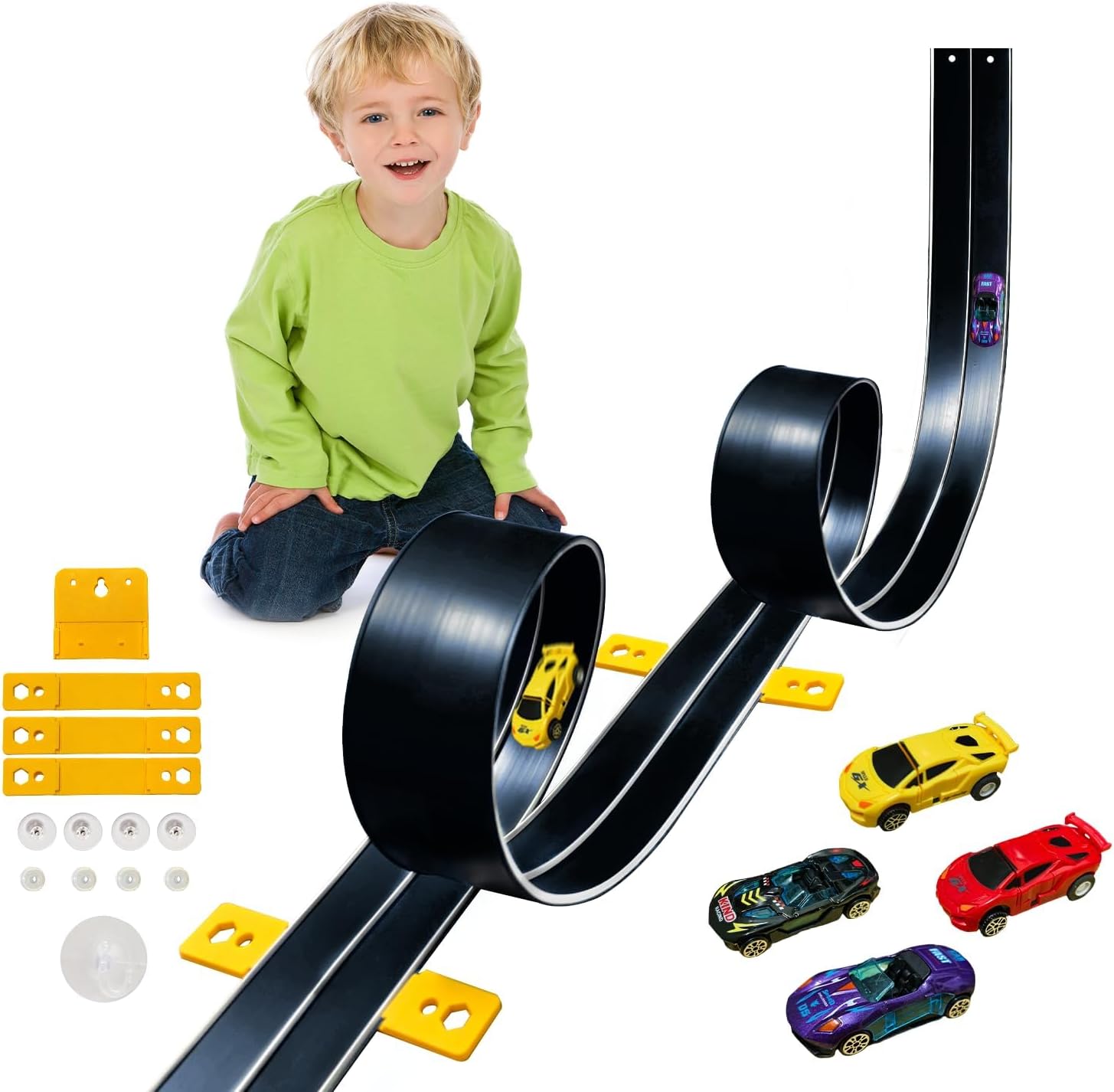 15 Ft Flexible Race Car Track for Kids,Flex Track Starter Set Compatible with Hot Wheels and Diecast 1/64th Cars,Portable Racetrack Roll Up Race Track with 4 Racecars and Suction Cups