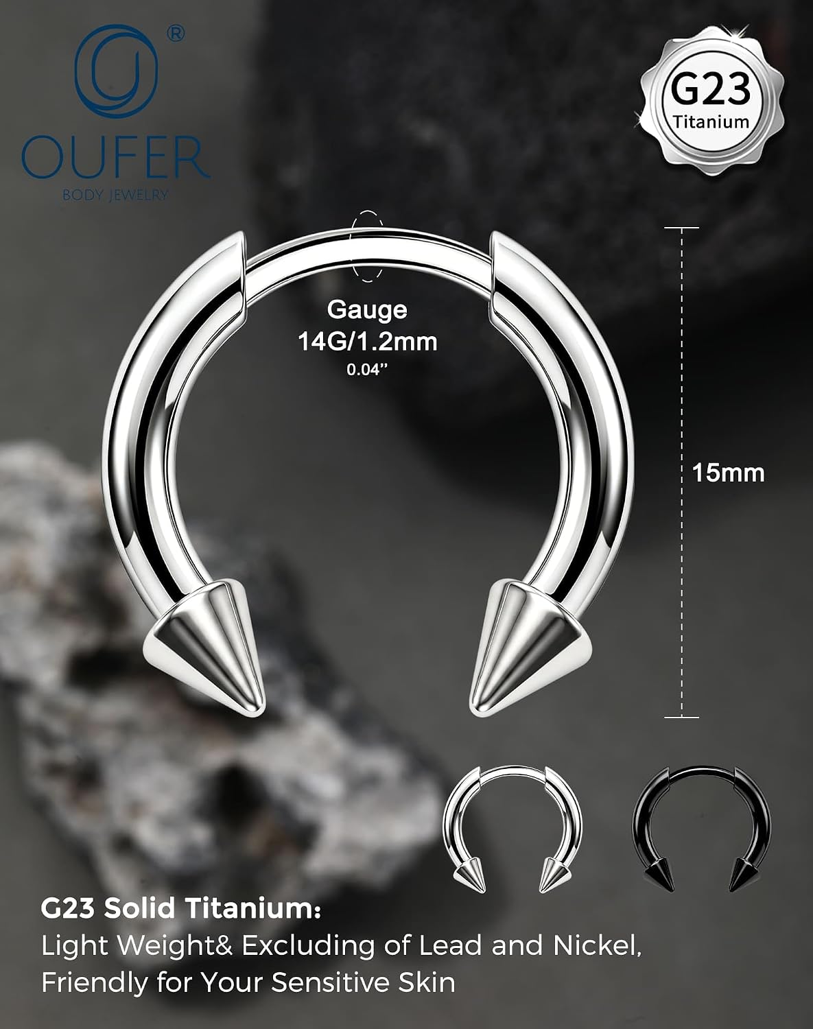 OUFER Fake Gauge Horseshoe Septum Ring, 16G Threadless Spike Nose Ring