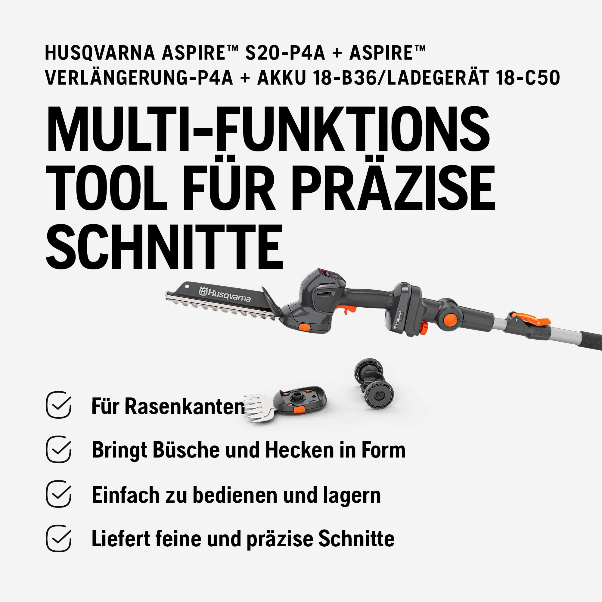 Husqvarna Aspire Akku Gras- und Strauchschere S20-P4A mit Verlängerung, Strauch- und Grasscherenmesser, 18V (inkl. Verlängerung - ohne Akku & Ladegerät)