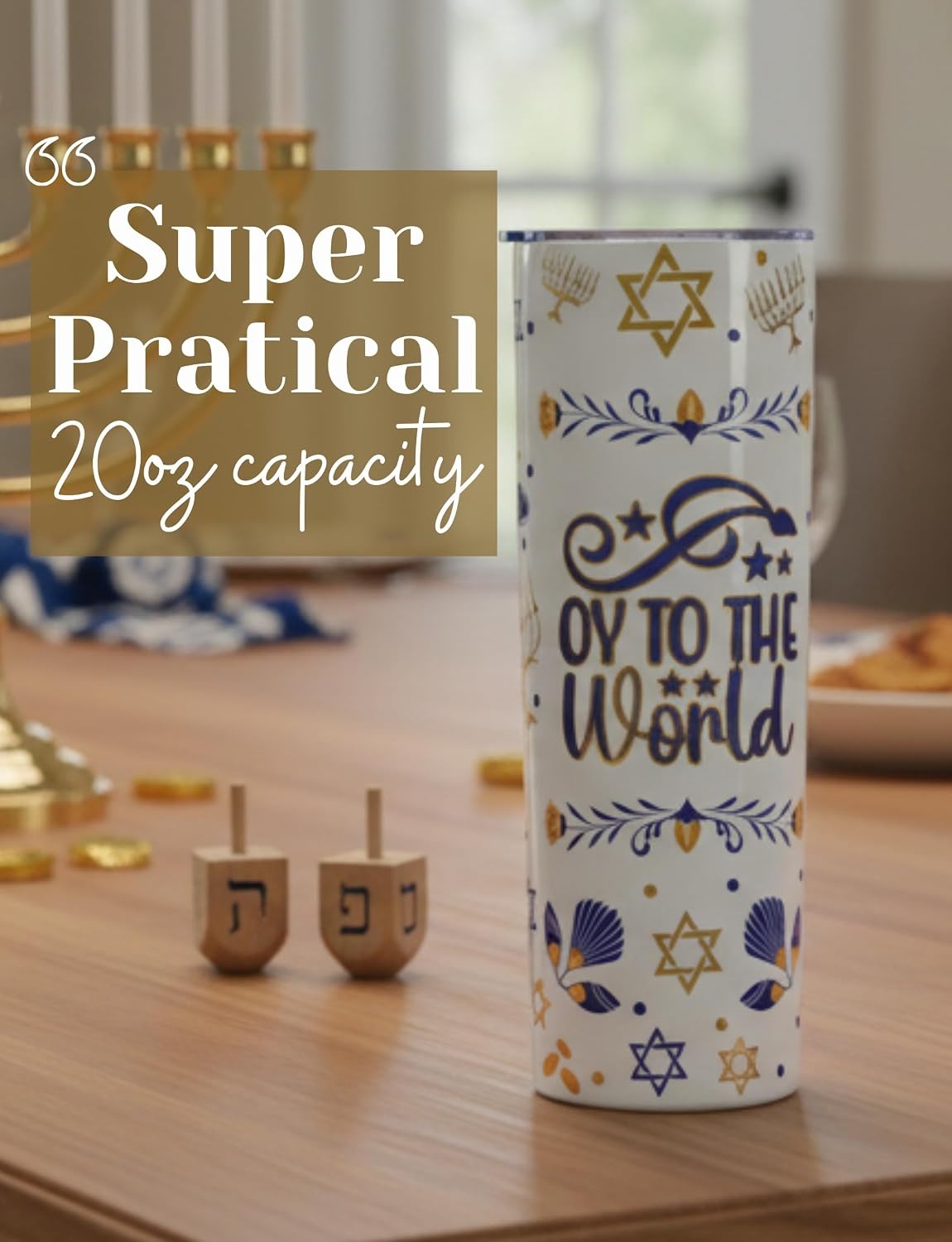 Onebttl Hanukkah Gifts Jewish Tumbler for Women, 20oz Stainless Steel Cup with Lid & Straw for Chanukah for Friends, Coworkers, Teachers - Oy to The World