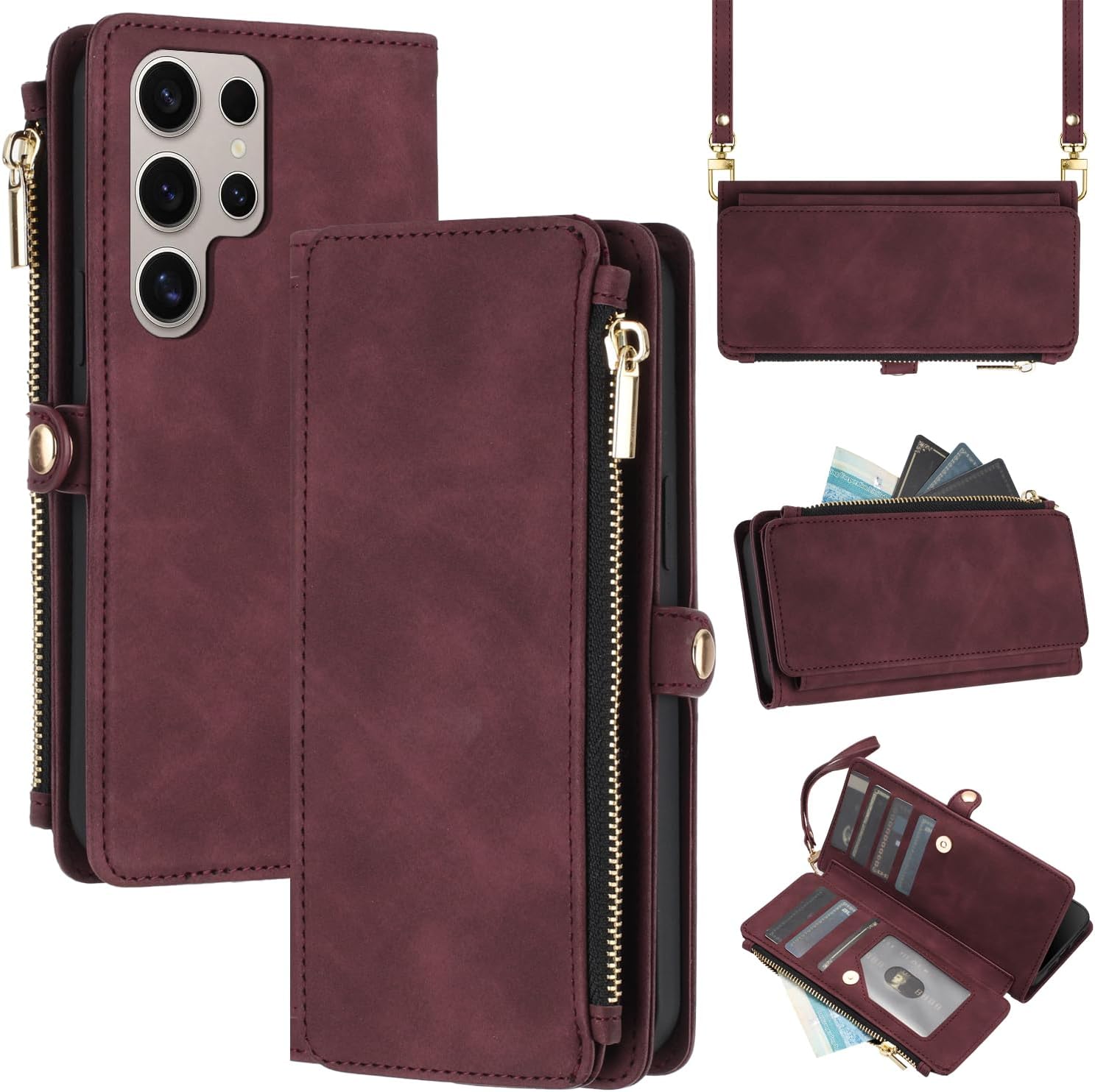 Suitable for Samsung Galaxy S25 Ultra Wallet Case, Multifunctional Flip Case for Women Men with RFID Blocking Card Holder, Pu Leather Magnetic Snap Zipper Wallet Case for Galaxy S25 Ultra (Wine Red)