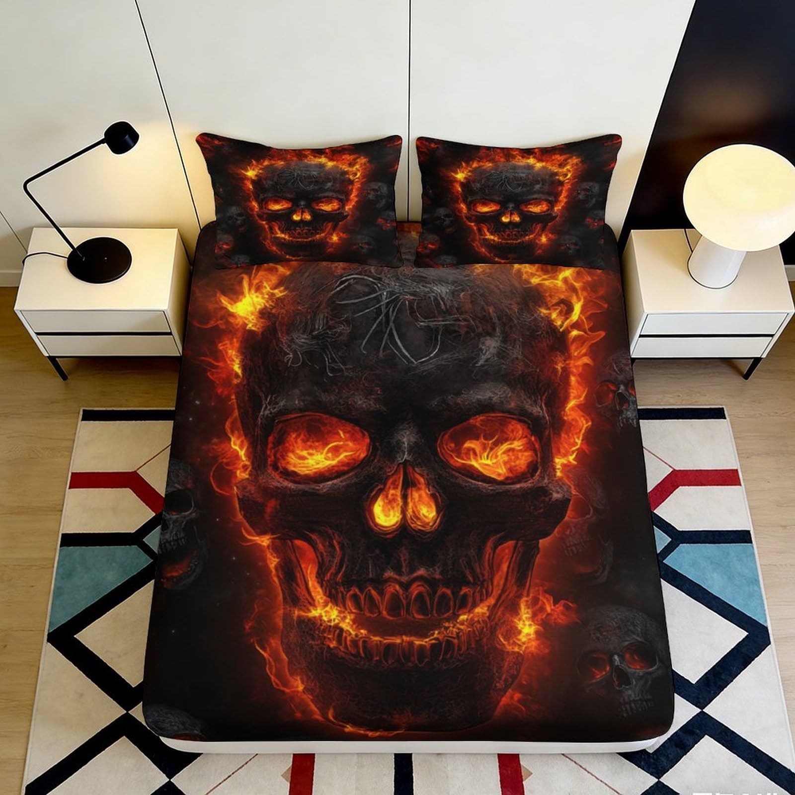 3D Printed Flaming Skull Fitted Sheet Microfiber Soft Breathable Fire Skull Bed Cover for Bedroom Guest Room Decor 90x200x25cm