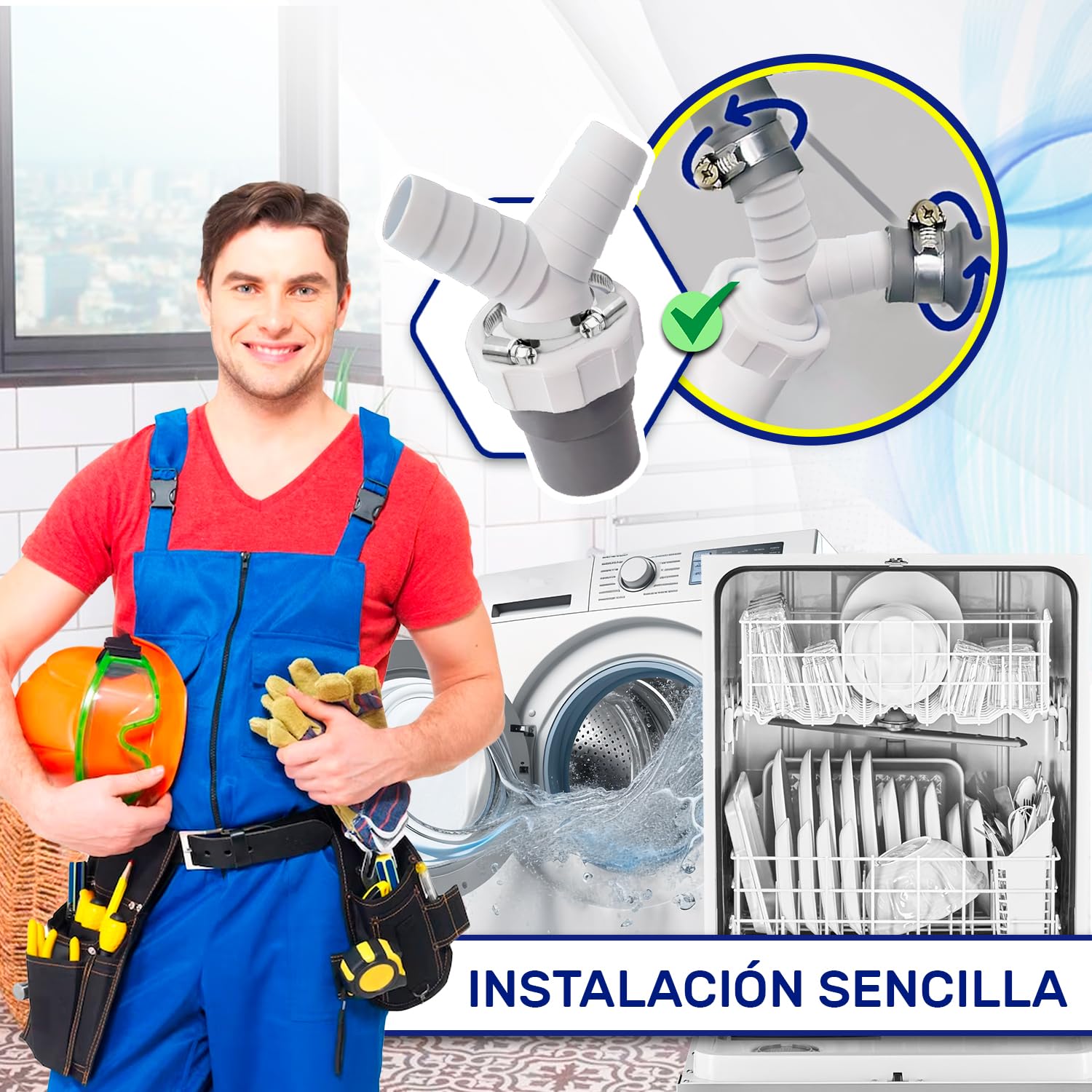 Adaptador Empalme Desague Lavadora con Salida para Tubo Ø40 mm y Entrada Ø18-23 mm - Doble Pipeta Desague en Y para Lavavajillas - Kit Incluye 2 Piezas de Abrazaderas Ø20-32 mm - MONTERAL — view 5