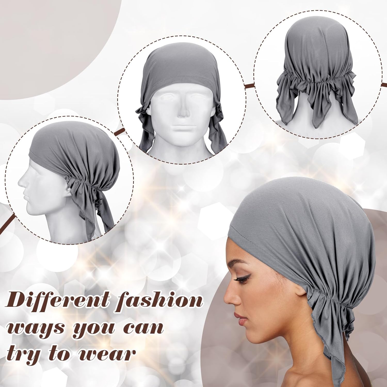 Geyoga 6 Pcs Chemo Headwear for Women Pre-Tied Head Scarves Turban Beanie Caps Cancer Head Wrap Headscarf for Yoga Running