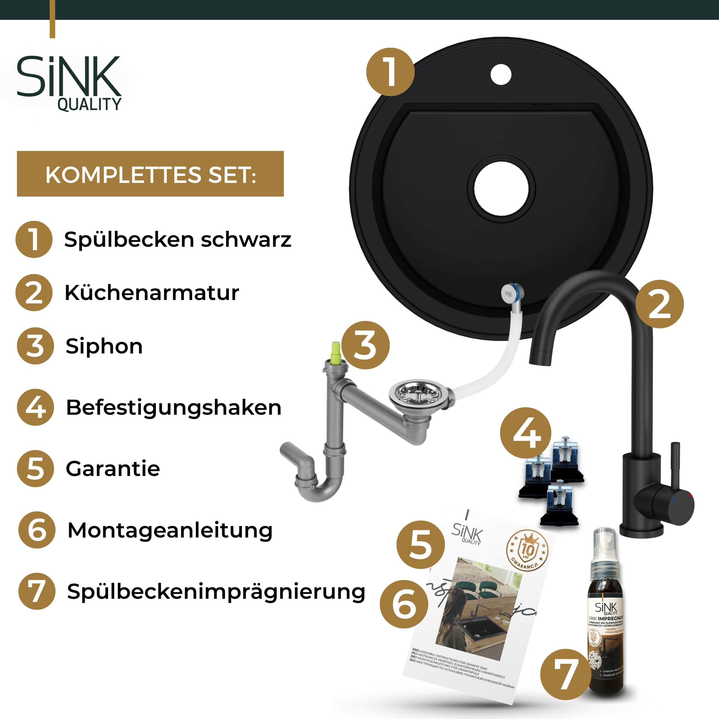 SINK QUALITY lavello rotondo con rubinetto Ø 51 cm – lavello in granito nero con rubinetto, sifone e impregnazione – lavello da cucina rotondo in granito per sottolavelli a partire da 55 cm di