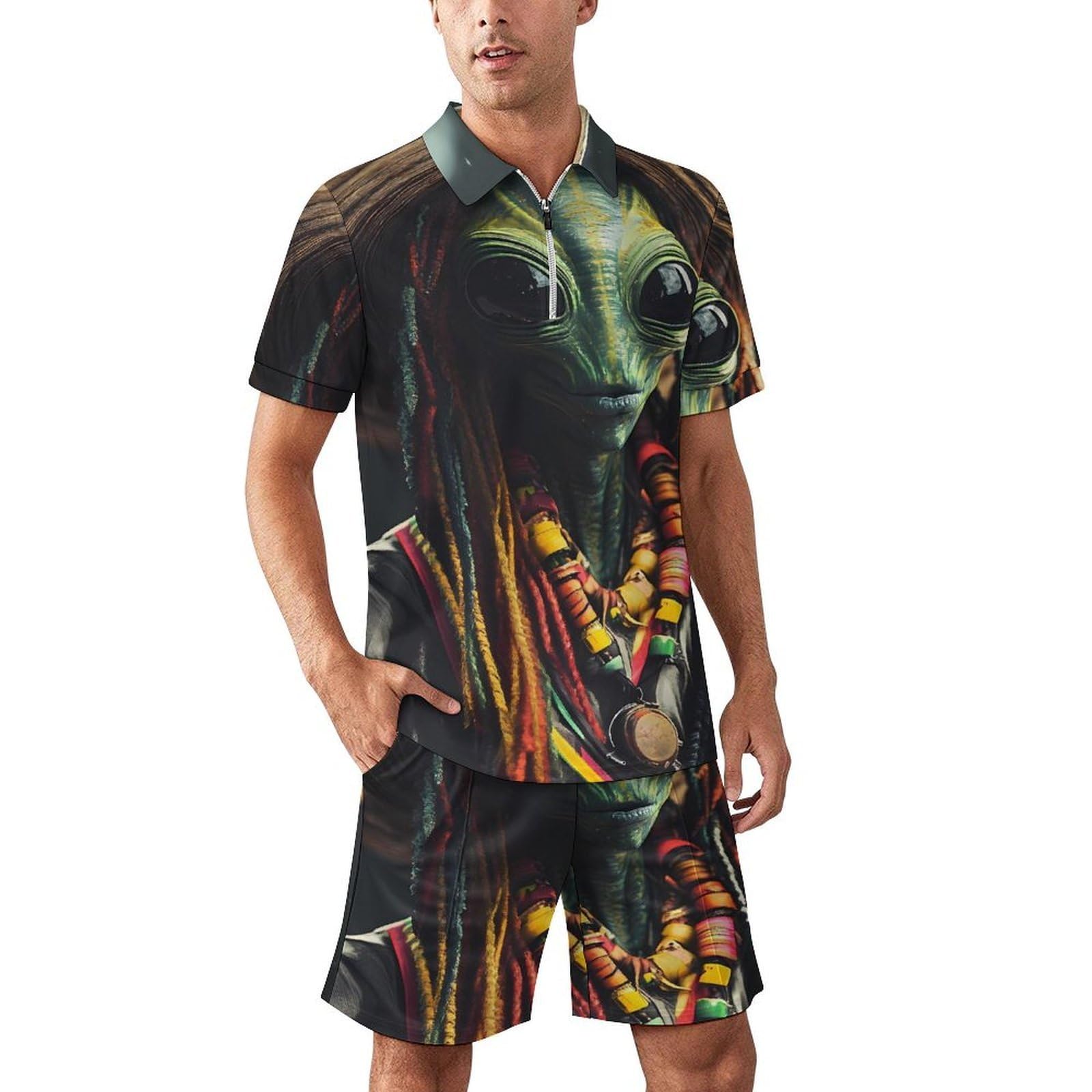 Aliens Reggae - Tuta da uomo estiva, polo e pantaloncini, set da 2 pezzi, maglietta e pantaloni con mezza zip