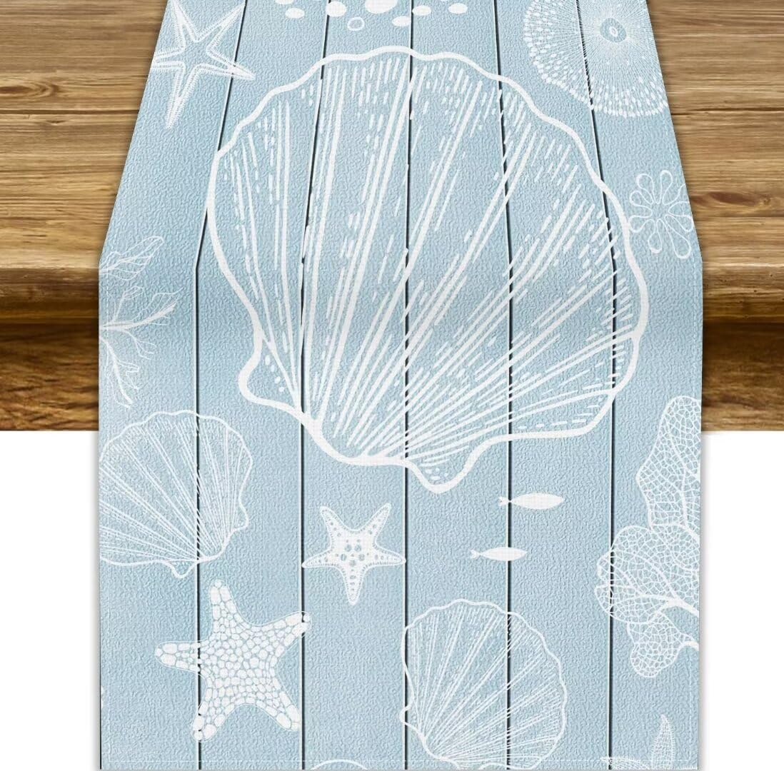 JanJCurt Beach Starfish Table Runner, Farmhouse Nautical Barn Wooden Plank Ocean Vintage Pastel Blue Teal Print Table Runner for Kitchen Dining Room Wedding Party Decor 13x36 Inch