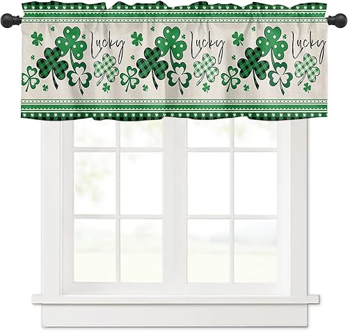 Cenefas de trébol de la suerte del día de San Patricio para ventanas, cenefas de cortina de cocina de trébol verde y negro, a cuadros, cortinas para