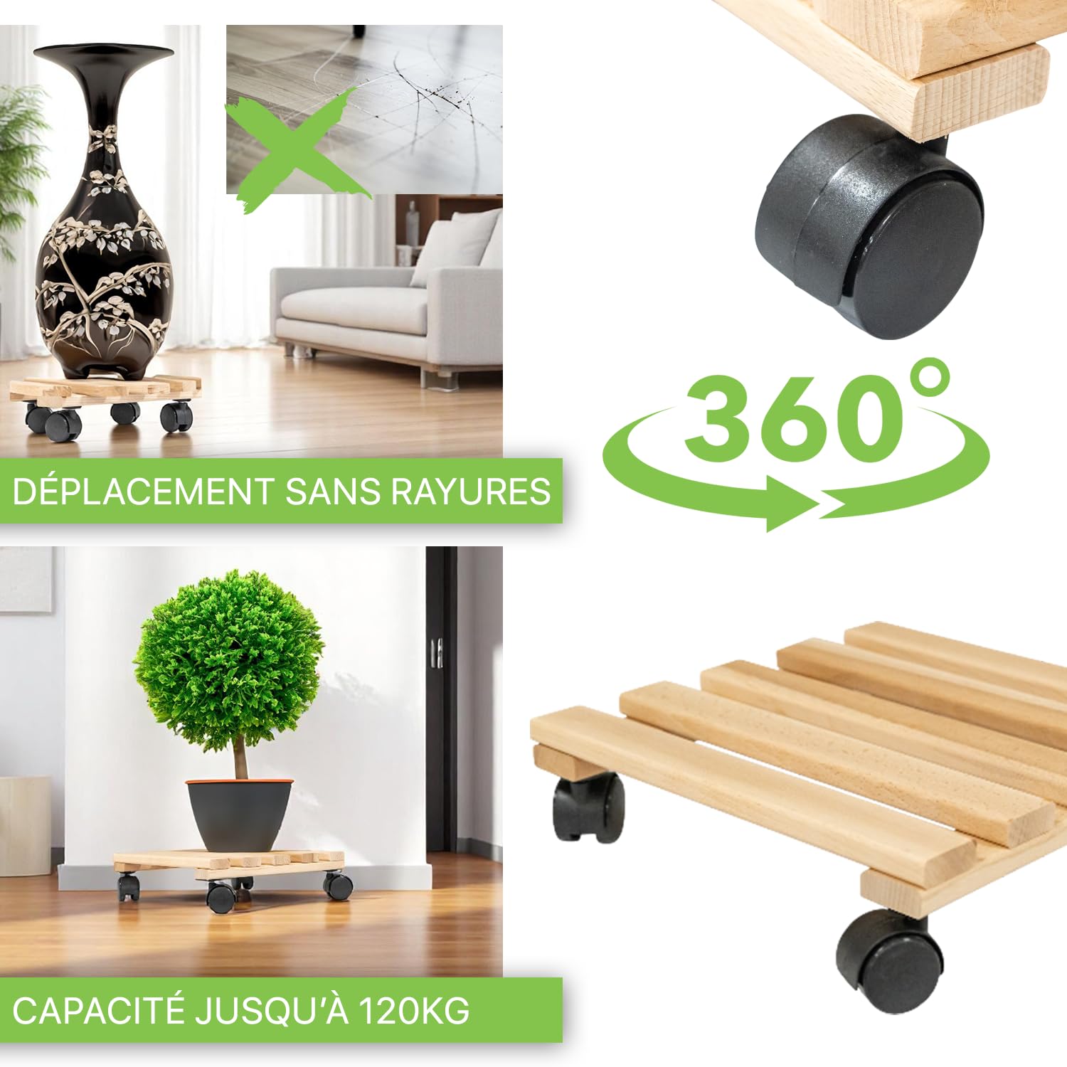 ITA Ensemble de 5 Supports Roulants pour Plantes Carrés 30x30 cm en Bois de Hêtre - Capacité de Charge 120 kg - Intérieur et Extérieur - Fabriqué en UE