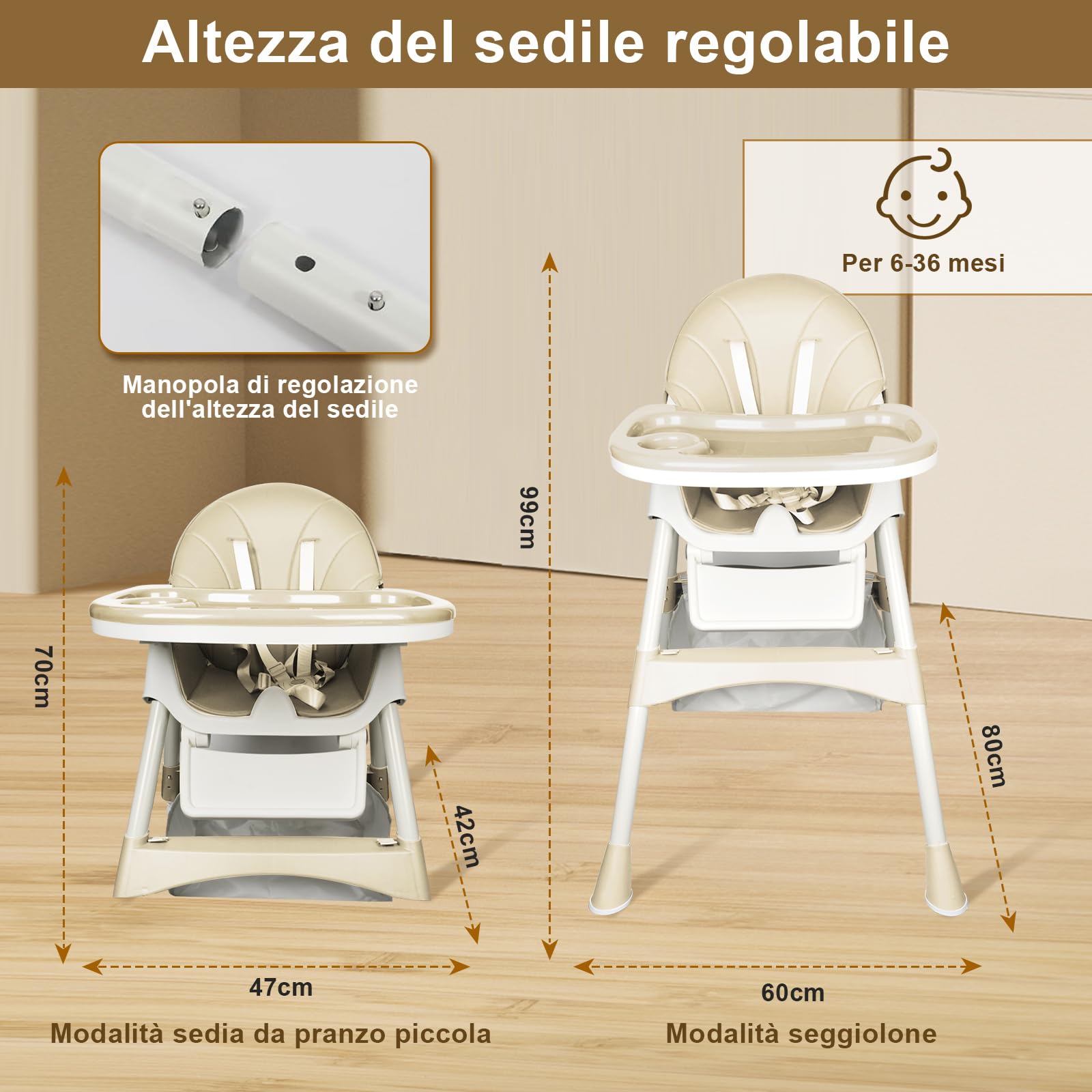 Seggiolone Pappa Pieghevole, Seggiolone Evolutivo con Dondolo Neonati, Piatto da Cena Smontabile, Schienale regolabile, per Bambini da 6 Mesi fino a 3 Anni, Beige