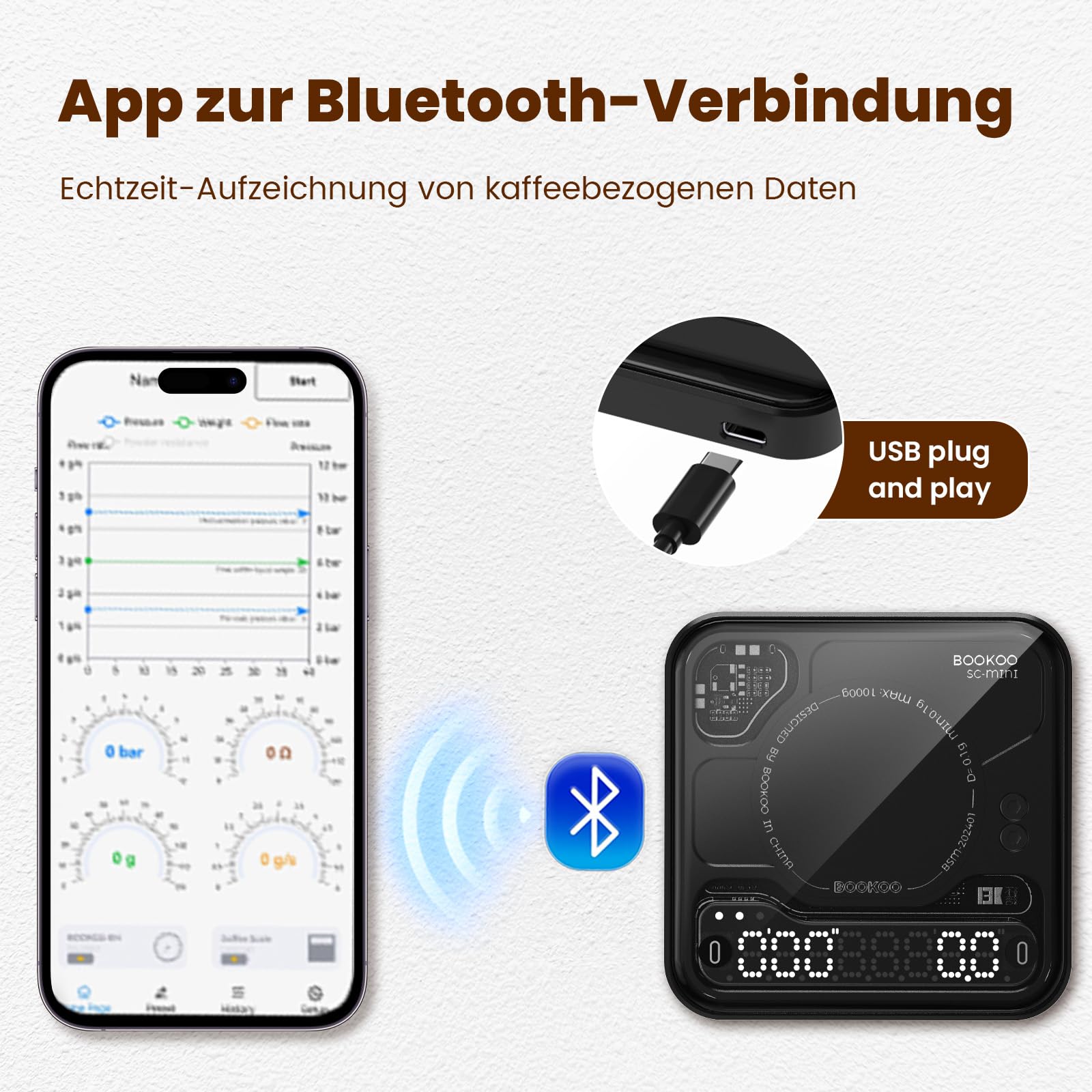 BOOKOO Kaffeewaage mit Timer, 0,1g Hochpräzise wiederaufladbare Espresso Waage mit 3 Mode, Bluetooth-Verbindung APP, USB Mini Präzisionswaage für Espresso und Pour-Over