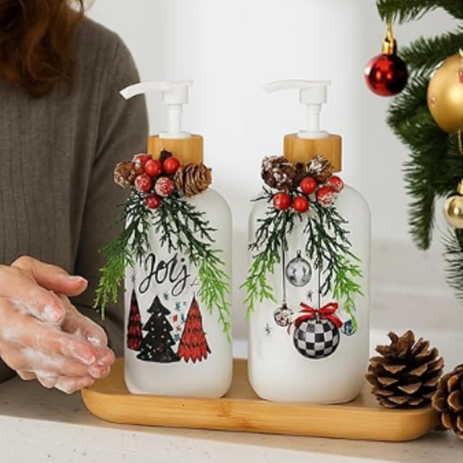 Patelai 2 Pack Christmas Soap Dispenser for Bathroom Kitchen Decoration Pine Branch Refillable Hand Soap Dispenser with Pump Snowflake Christmas Tree Ball for Winter Farmhouse Indoor Decoration Gift