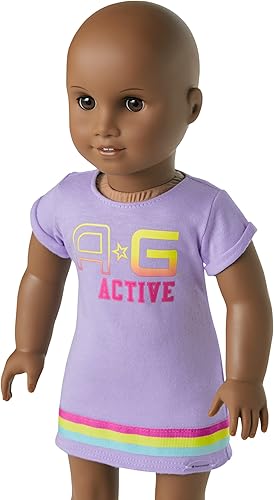 Miniatura 2 de American Girl Truly Me - Muñeca #114 de 18 pulgadas con ojos marrones, sin pelo, piel profunda, vestido de camiseta estampado morado, para mayores