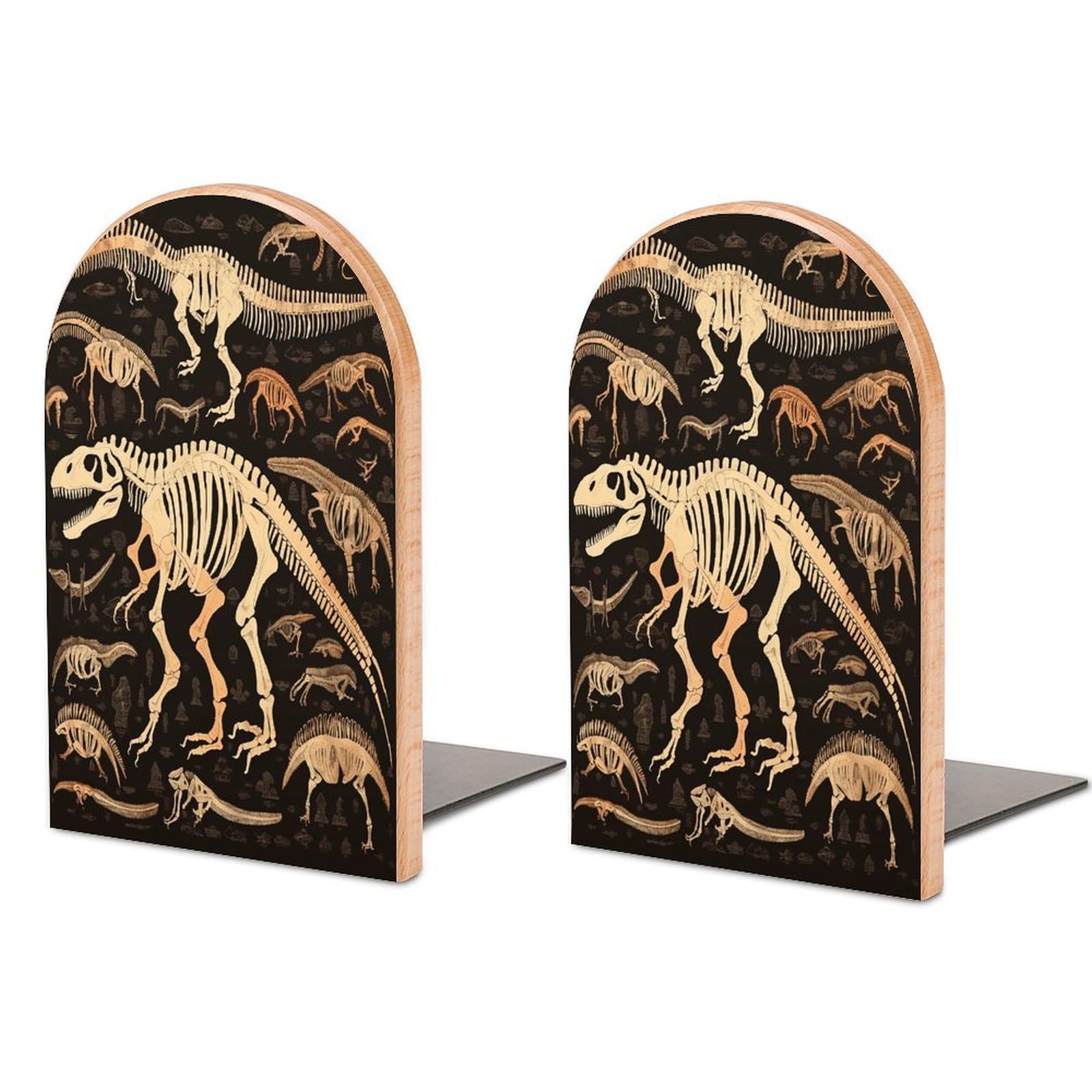Dinosaur Skeleton Print Bookend for Shelves Non-Skid Book Holder Modern Heavy Duty Bookend Stopper Metal Base Wood Book End Books Shelf Holder Home Decorative 1pair 5x3.9x3.1
