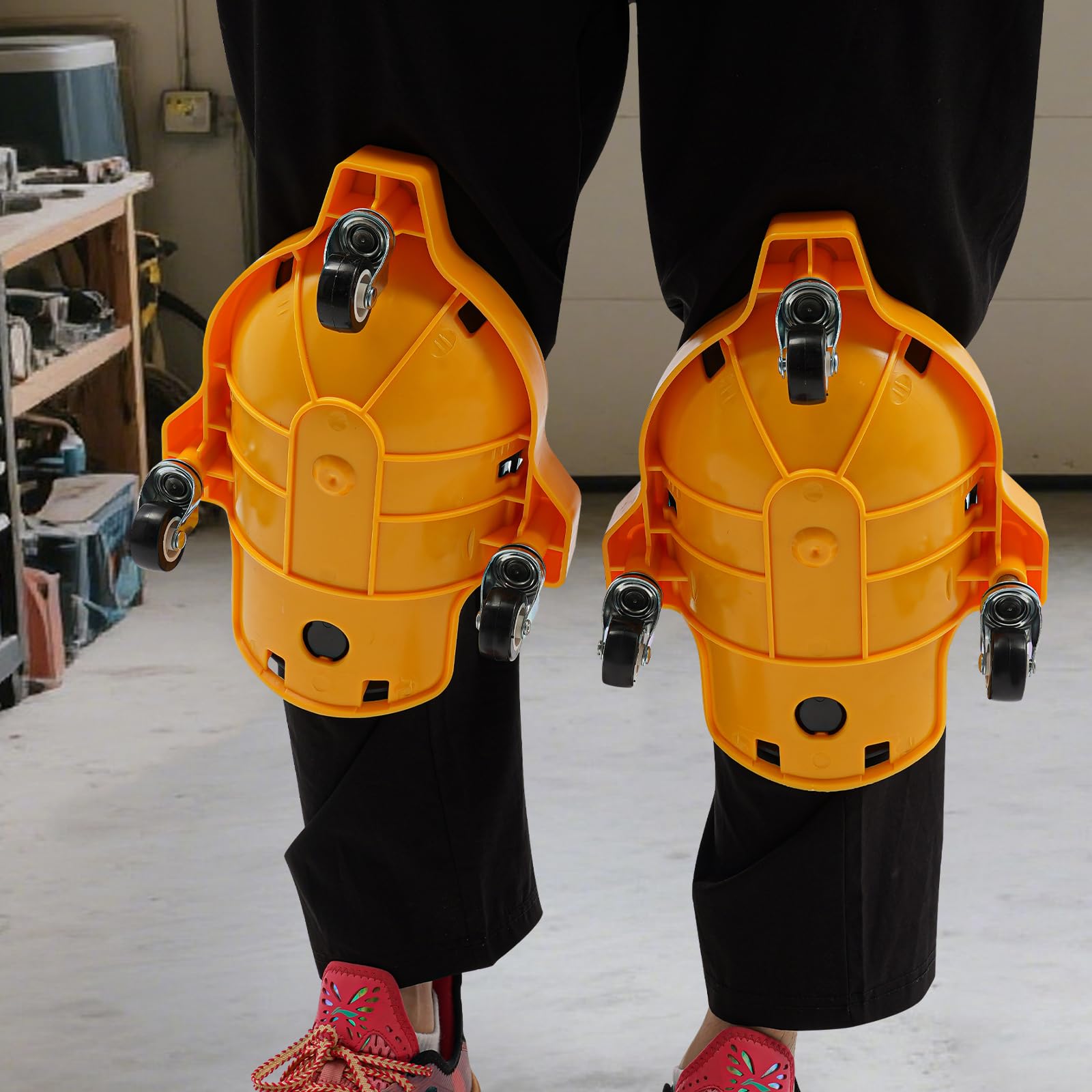 Lot de 2 genouillères roulantes avec 3 roues à 360 degrés et coussins en gel confortables, genouillères pour le travail, le chantier, avec sangles réglables, jaune