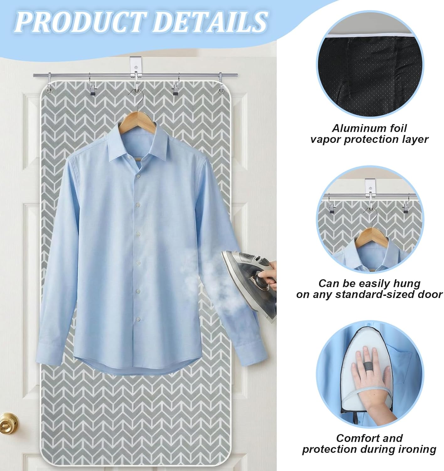 Riakrum Over-the-door Steaming Station 38" x 19" Clothes Steamer Station with Ironing Glove 100% Cotton Cover with an Aluminum Vapor Protection Layer for Home and Travel Use