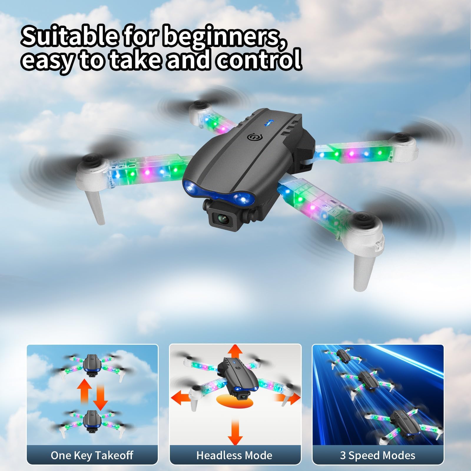 OBEST Drones con Camara 1080P y Luz LED Colores, FPV Plegable RC Drone | Modo sin Cabeza Giro 360° Foto Gesto 2 Batería20 Mins Despegue/aterrizaje un clic, Regalos Navidad Juguetes para Adultos