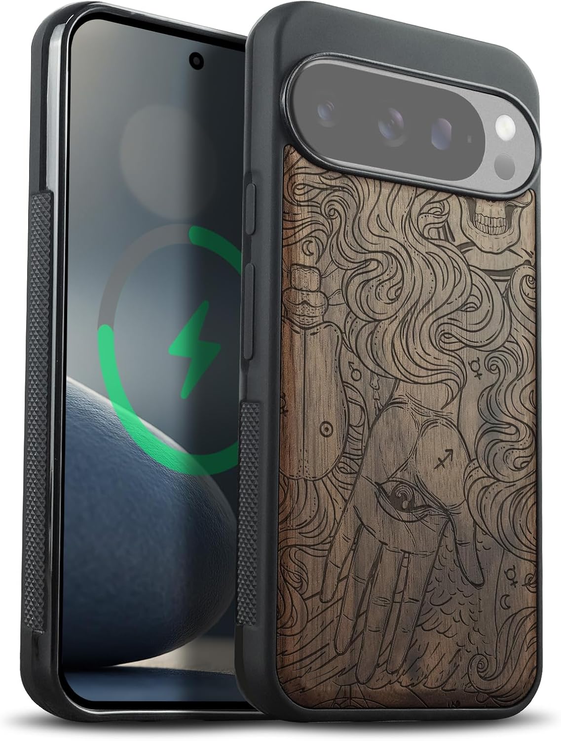 Carveit Magnetic Wooden Case for Google Pixel 10 Pro XL Case, Wood Artisan Engraved & Soft TPU Shockproof Cover, Compatible with MagSafe Wireless Chargers (Handlesekunst) Walnut