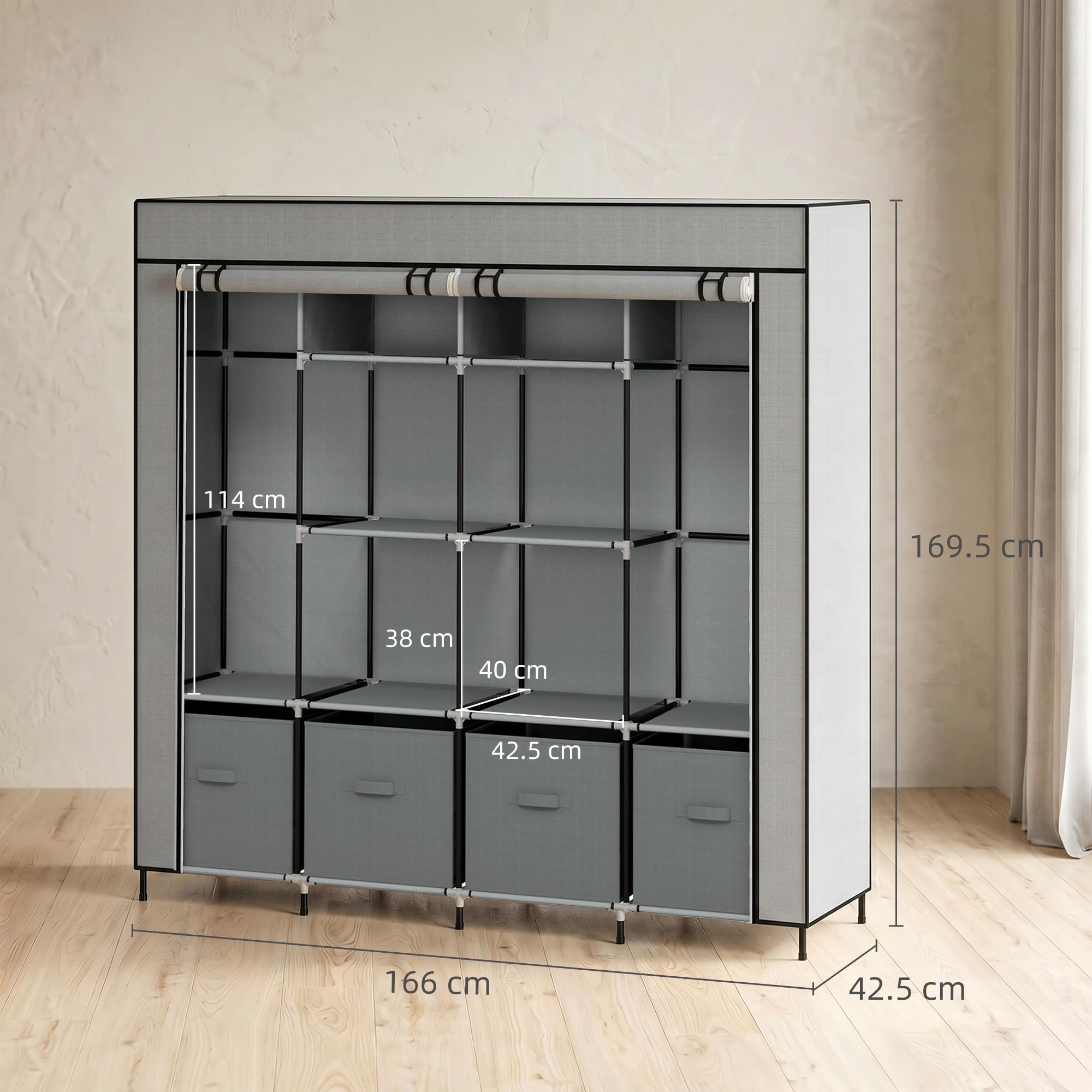 HOMCOM Armario de Tela para Dormitorio Armario Portátil con 10 Compartimentos 2 Rieles Colgantes y 4 Cajones de Tela 166x42,5x169,5 cm Gris Oscuro