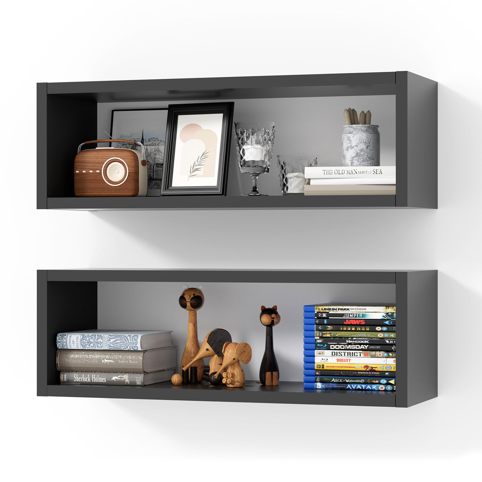 Kaboon 24in Floating Cube Shelves Set of 2, Display Shelves Wall Mount, Decorative Hanging Shelves for Kitchen Living Room Office,(Black, Rectangle 2