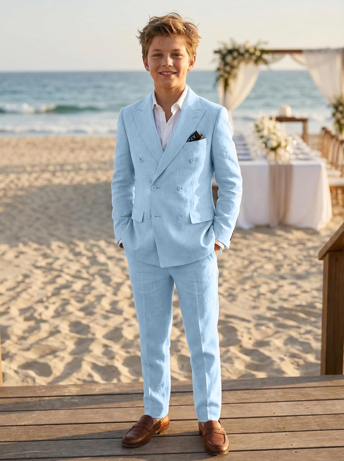 JPF Double Breasted Linen Suit for Boys 2 Piece Kids Linen Suit Casual Beach Wedding Suit Jacket and Dress Pants Set