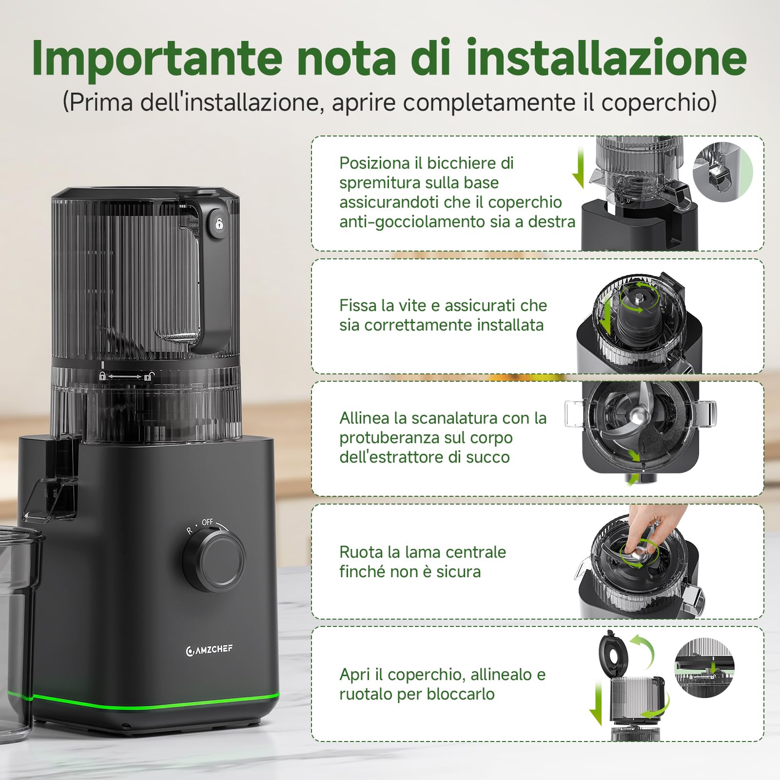 AMZCHEF Estrattore di Succo, Bocca 155mm, 2,5L, Separatore della Schiuma, 2 Filtres, Pressione Automatica, Succo Puro e Vellutato, Silenzioso e Facile da Pulire, Ideale per Famiglia e Colazione