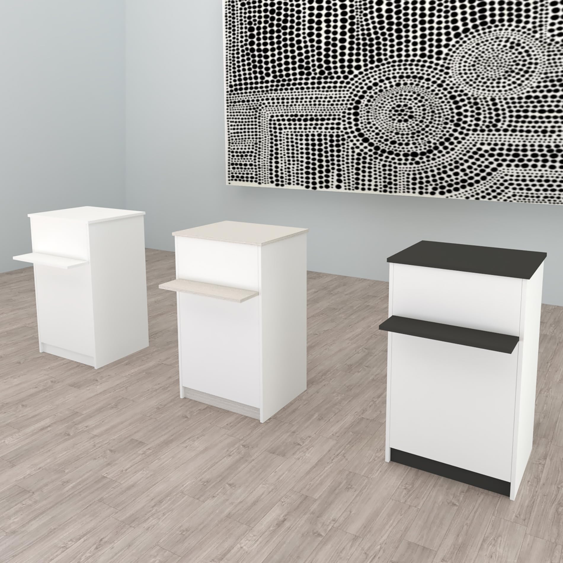 Henor Comptoir EGA roulettes. 62 x 50/65 x 102 cm. 4 roulettes Pivot et Frein Max 135kg. Ideal Bureau. Commerce. Clinique. Blanc.