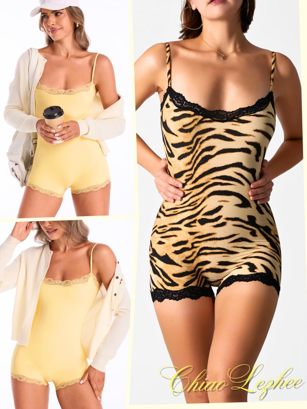 Women's Trendy & Ultra Soft Shorts Romper, Lace Trim Spaghetti Bodysuit Top from Lounge to Going Out (Fits 0-12) - Image 7