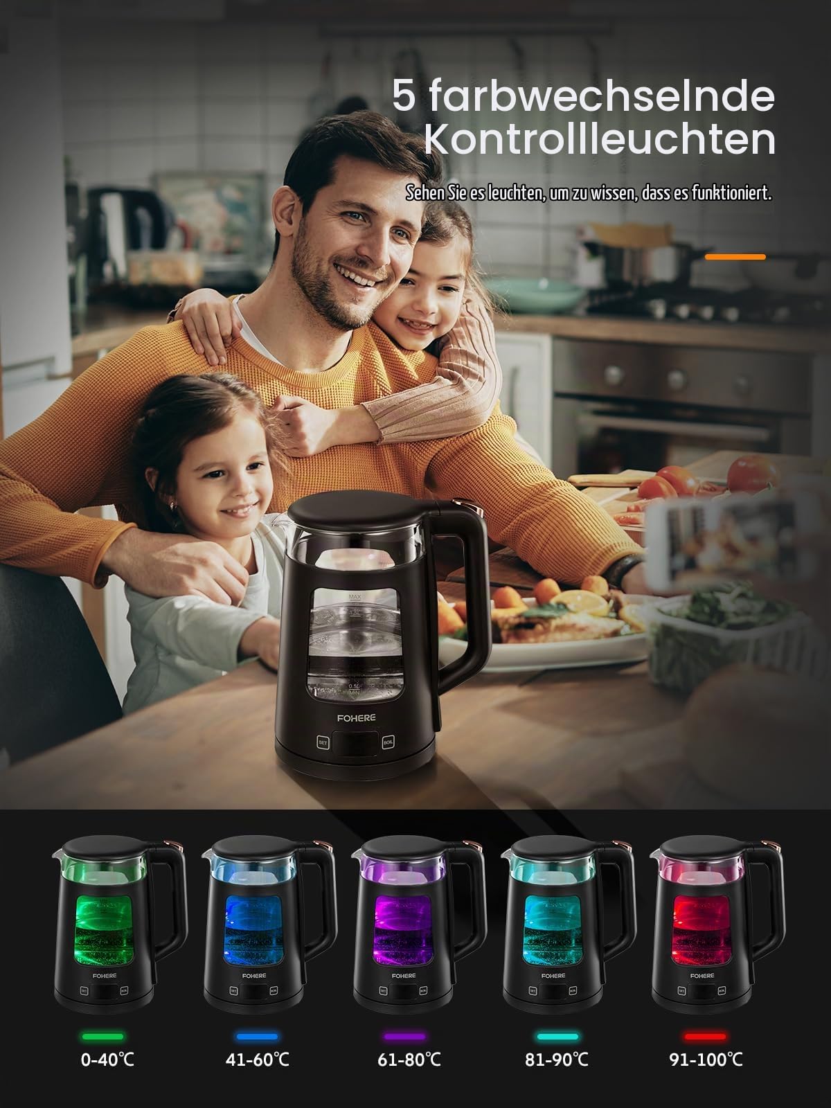 Elektrischer Wasserkocher mit Temperatureinstellung,1.7L Glas Wasserkocher mit Warmhaltefunktion, 2200W Schnelles Koche, Automatische Abschaltung & Trockengehschutz, mit 5 Farbigen Lichtern