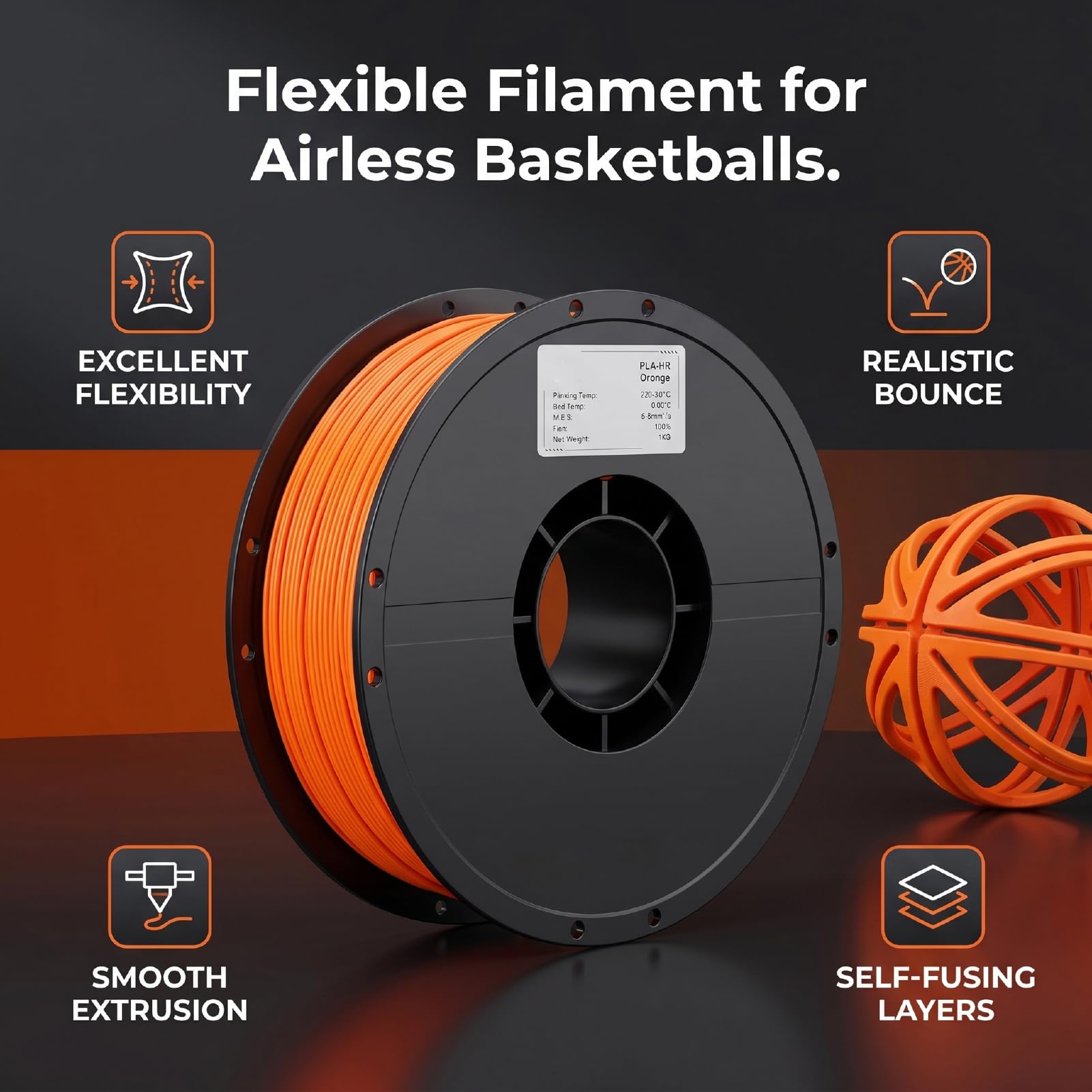 GOWENIC Filament do Koszykówki Bezpowietrzny 1KG | Elastyczny TPU z Mikrofibry o Grubości 1,75 Mm do Drukarek 3D FDM (ORANGE)
