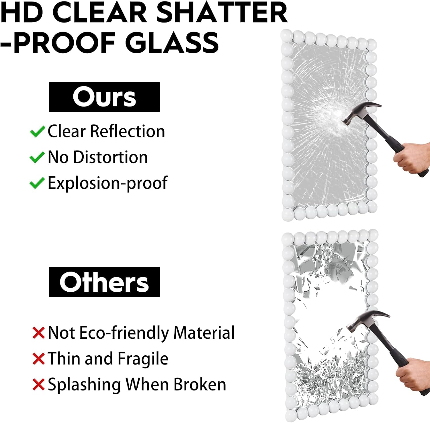 Decorative Beaded Wall Mirror – Modern Rectangular Accent Mirror, 20″x30″, for Living Room, Bedroom, Bathroom, Entryway & Office – Available in Gold, Black, & White (White)