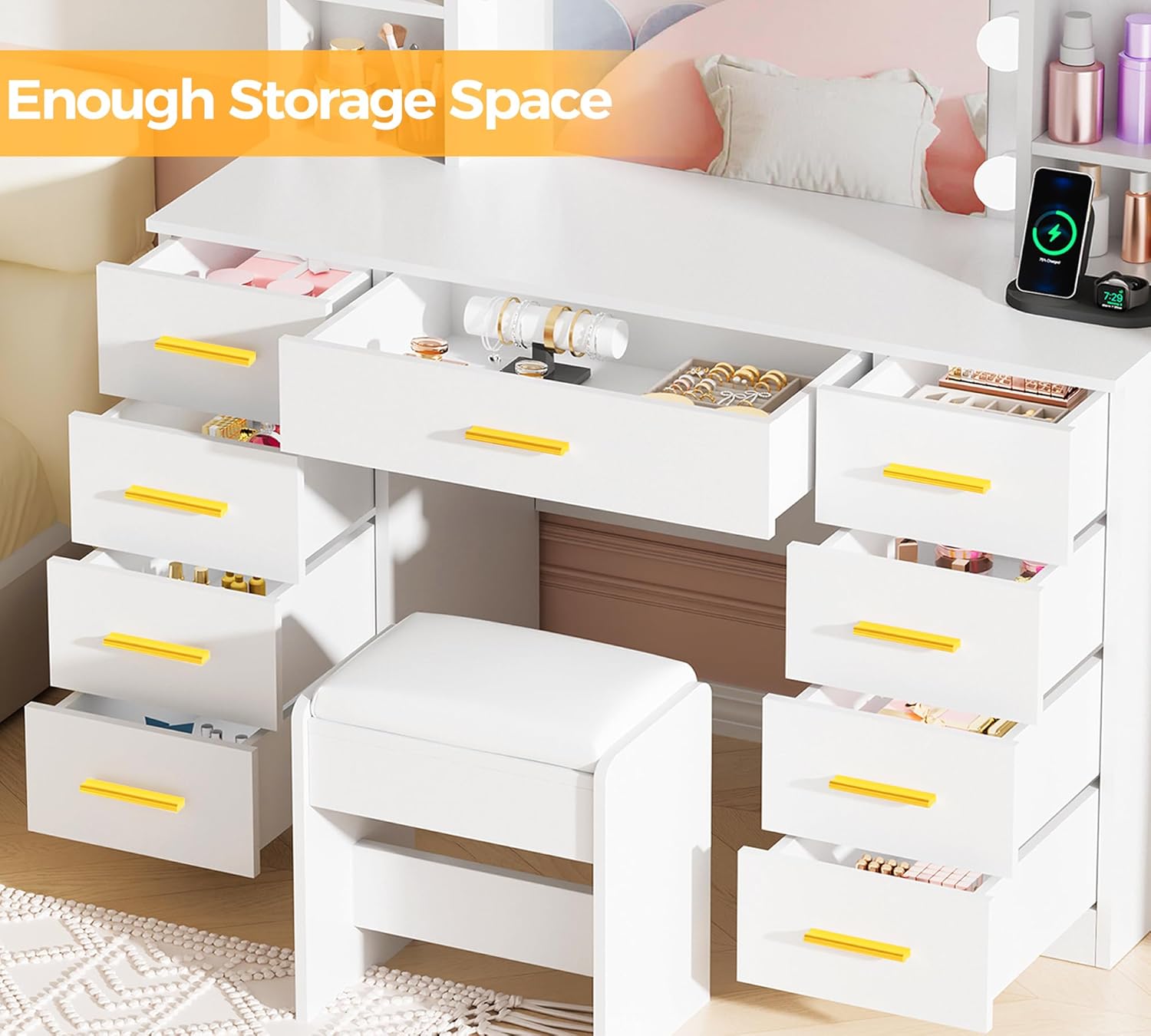 ANWBROAD Makeup Vanity Desk with Lights White Vanity Desk with Mirror and Lights 3 Colors, 9 Drawers, 6 Storage Shelves, 5 Hooks Dressing Table with Stool Power Outlet for Bedroom Girls Women UBDT87W