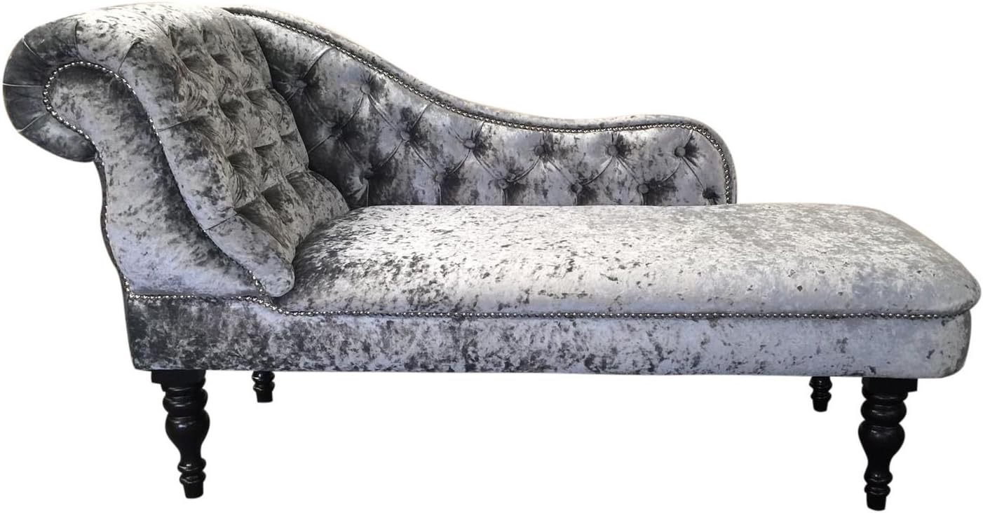 Deluxe Traditional Chaise Longue in Silver crushed velvet fabric