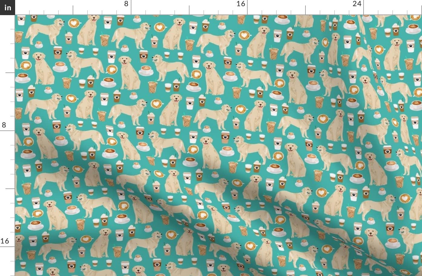 Spoonflower Fabric - Golden Retriever Turquoise Coffee Dog Dogs Coffees Nursery Pet Printed on Organic Cotton Sateen Fabric by The Yard - Sewing Quilting Apparel Home Decor
